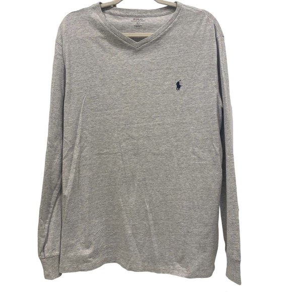 POLO RALPH LAUREN Men's Long Sleeve Solid GRAY V-Neck T-Shirt Blue Logo LARGE - Picture 1 of 5